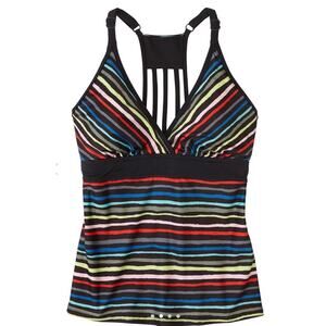 Title Nine Black Tide Tankini Tank Swim Top Wavy Stripe Shelf Bra SMALL S